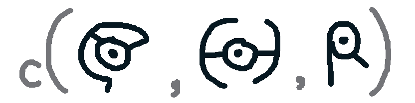 A crudely drawn picture of three Pokémon as elements of a vector being constructed using R's 'c' function. All three are the Pokémon called Unown, which can be found in multiple forms that represent letters of the alphabet.